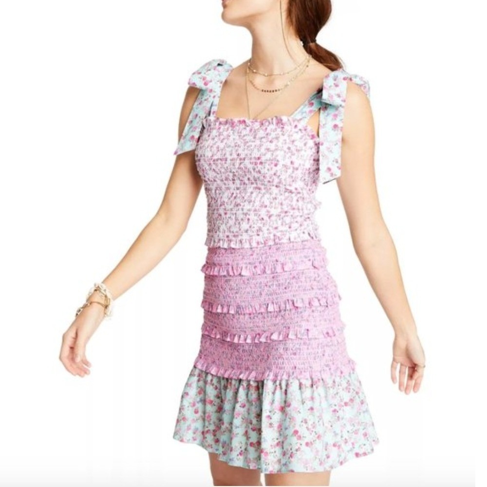 LoveShackFancy Target Adeline Floral Smocked Mini Dress Pink Blue Tie Shoulder M